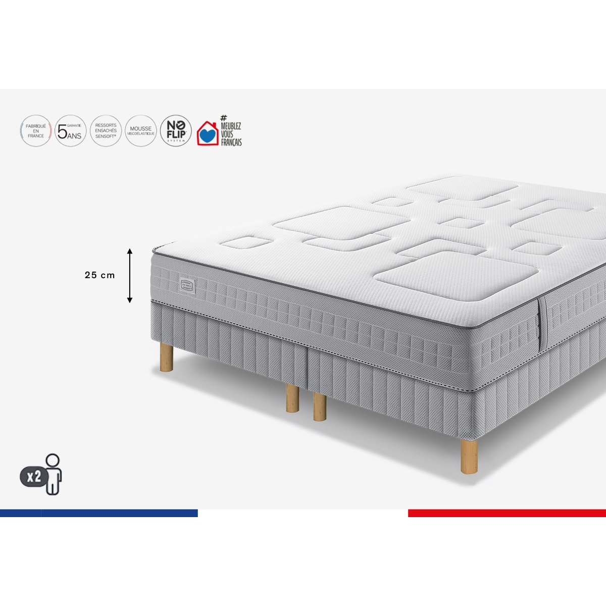 Ens EQUILIBRE 180x200 matelas H25 ressort ensachés, ferme, 2 sommiers blanc, SIMMONS
