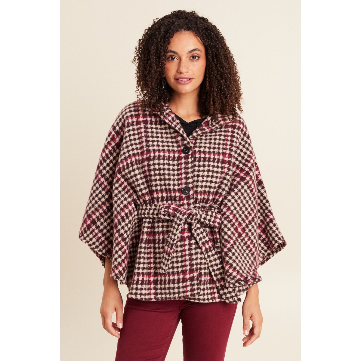 Poncho ceinturé boutonné bordeaux, BREAL