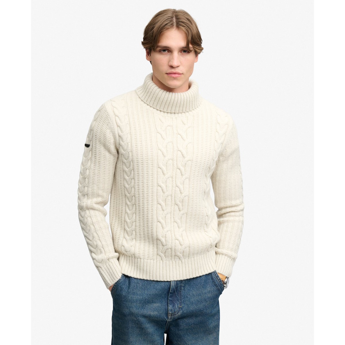 Pull à col roulé Jacob en maille torsadée écru, SUPERDRY
