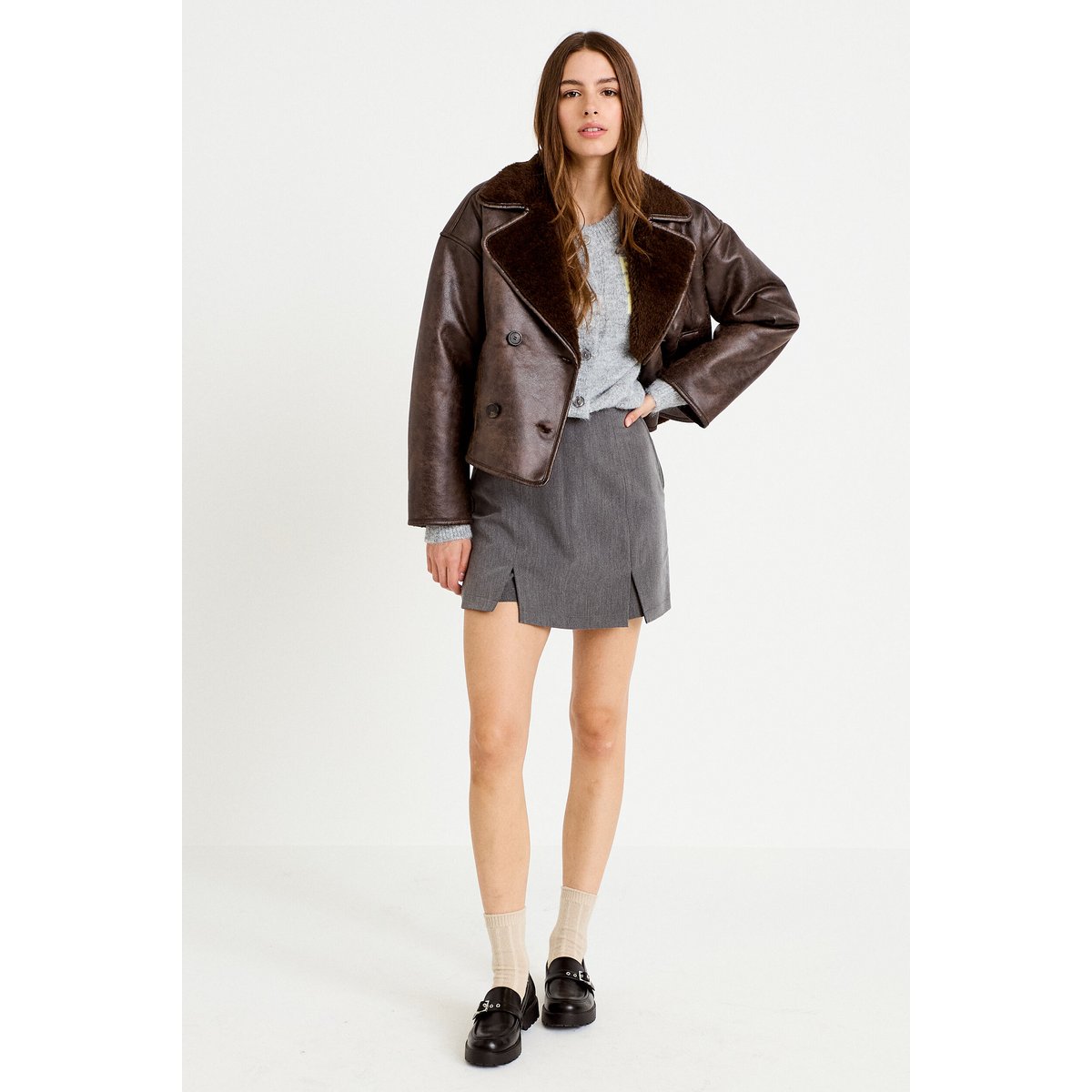 Caban cropped droit col tailleur marron foncé, CACHE CACHE