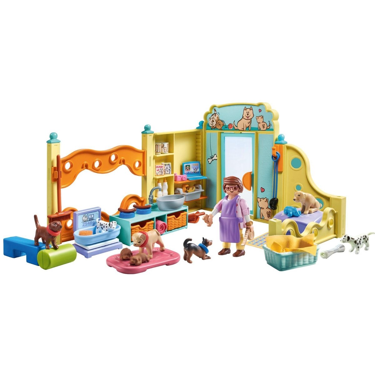 Centre de soin canin avec 8 chiens et soigneur multicolore, PLAYMOBIL
