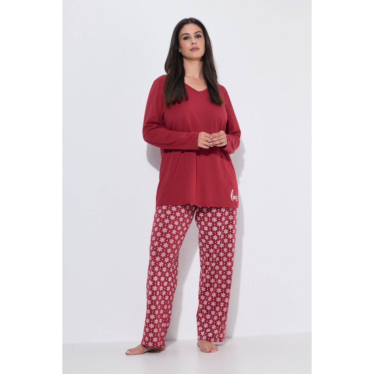 Pyjama décolleté en V et manches longues rouge foncé, ULLA POPKEN