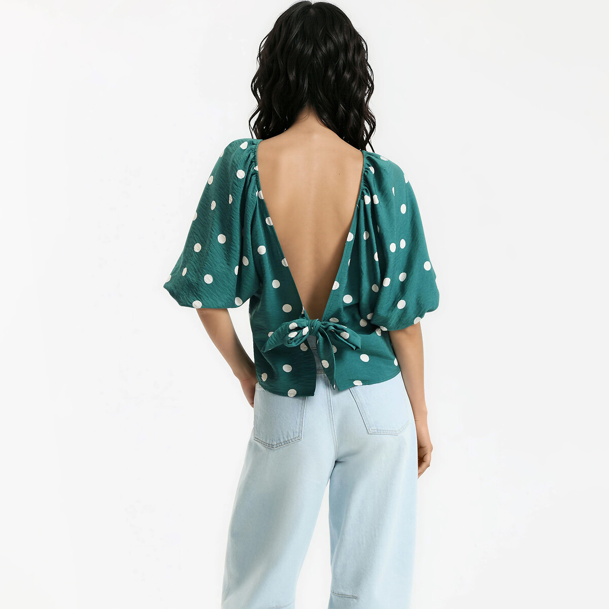 Blouse col rond manches bouffantes à pois imprimé pois fond vert, LA REDOUTE COLLECTIONS