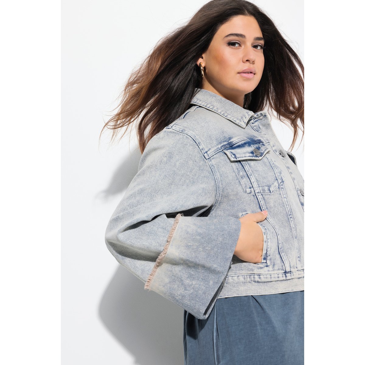 Veste en jean stretch. Col chemise bleu jean mat, ULLA POPKEN