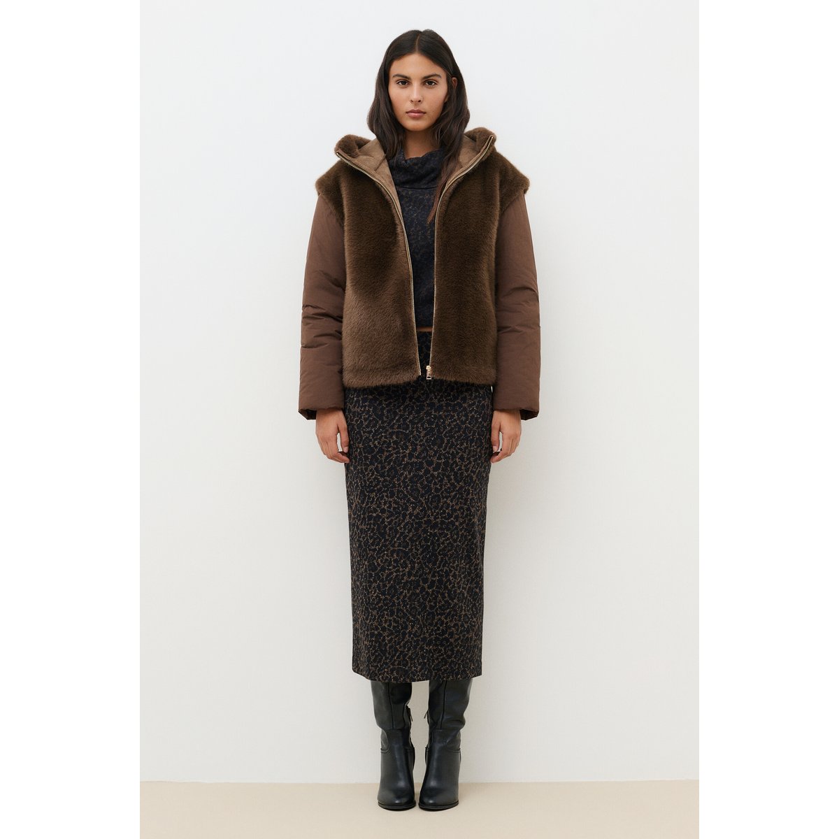 Manteau droit capuche imitation fourrure GALICE marron foncé, CAROLL