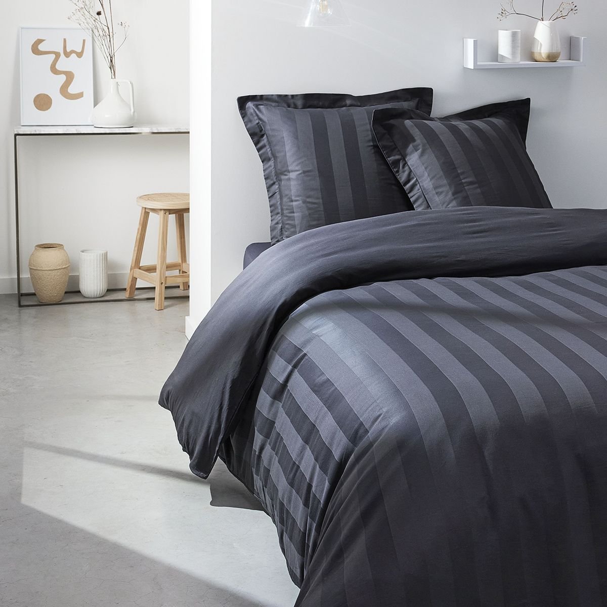 Parure de lit unie satin de coton PRESTIGE gris anthracite, TODAY