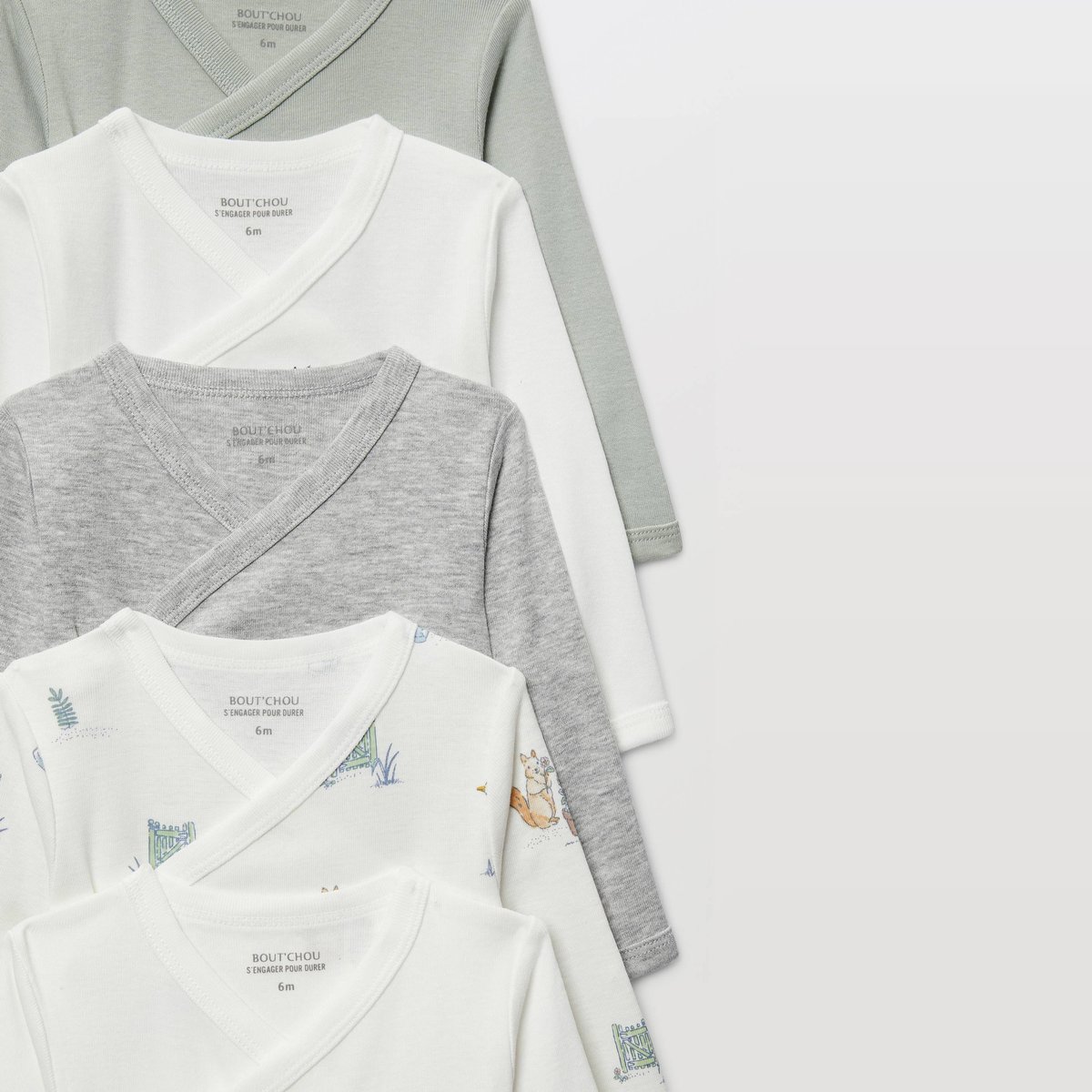 Lot de 5 bodies manches longues imprimé en coton BIO GOTS ecru, BOUT'CHOU