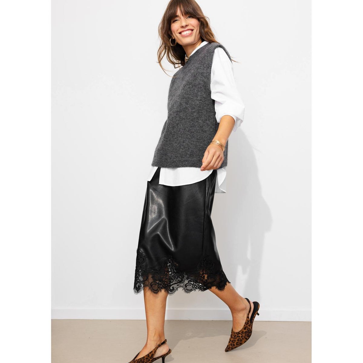 Jupe midi simili et dentelle noir, PROMOD