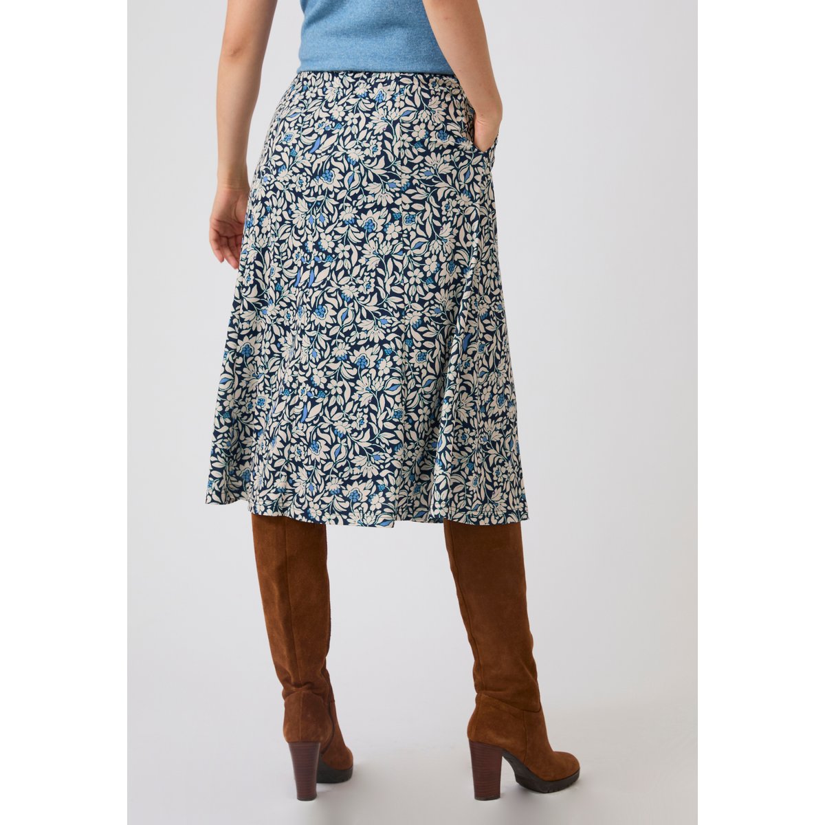 Jupe maille crêpe stretch bleu fleuri, DAMART