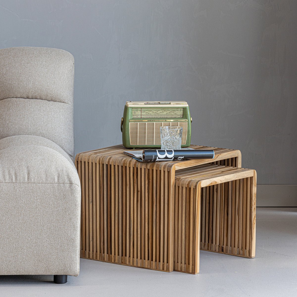 Lot de 2 table d'appoint en teck recyclé JASMIJN naturel, WOOOD