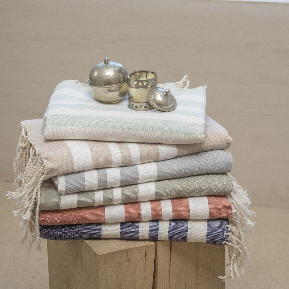 Foutas de bain (1+2) coton HAMPTONS bleu grec / blanc, FEBRONIE