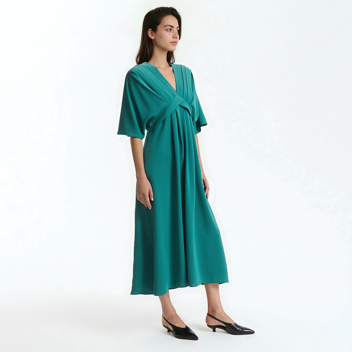Uitlopende lange jurk, V-hals, elleboogmouwen smaragdgroen, LA REDOUTE COLLECTIONS