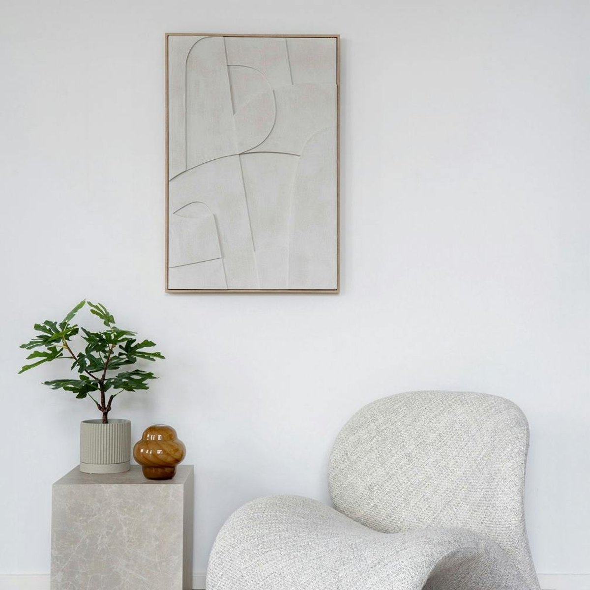 Tableau abstrait blanc courbes avec cadre 60x90 cm blanc, PIER IMPORT