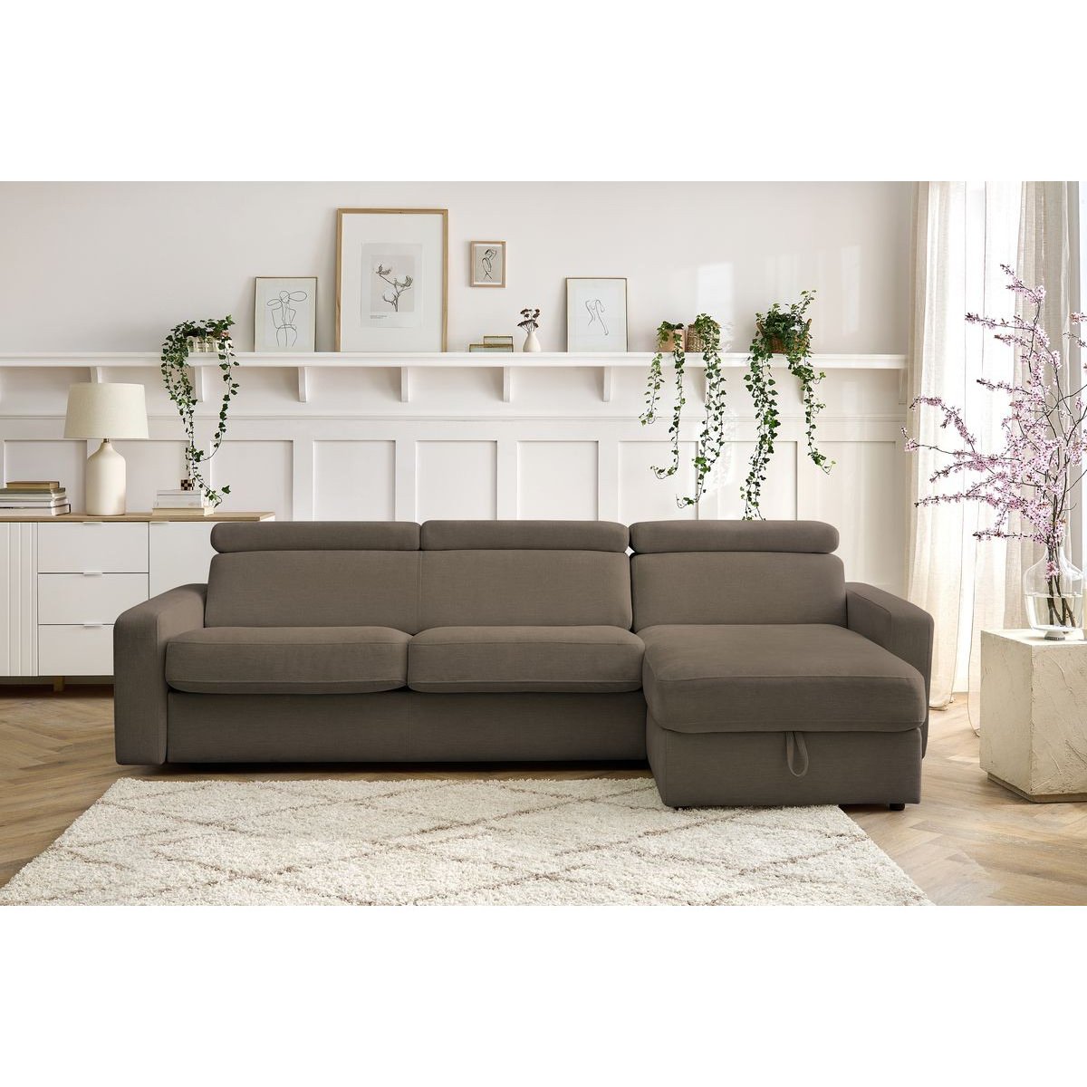 Canapé d'angle convertible 3 places en tissu couchage 140x190 cm, MONACO marron, BOBOCHIC