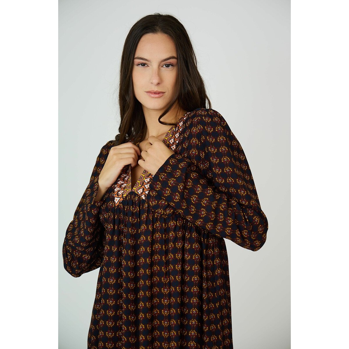 Tribal Print Mini Dress with Long Sleeves and V-Neck print/navy background, SEE U SOON