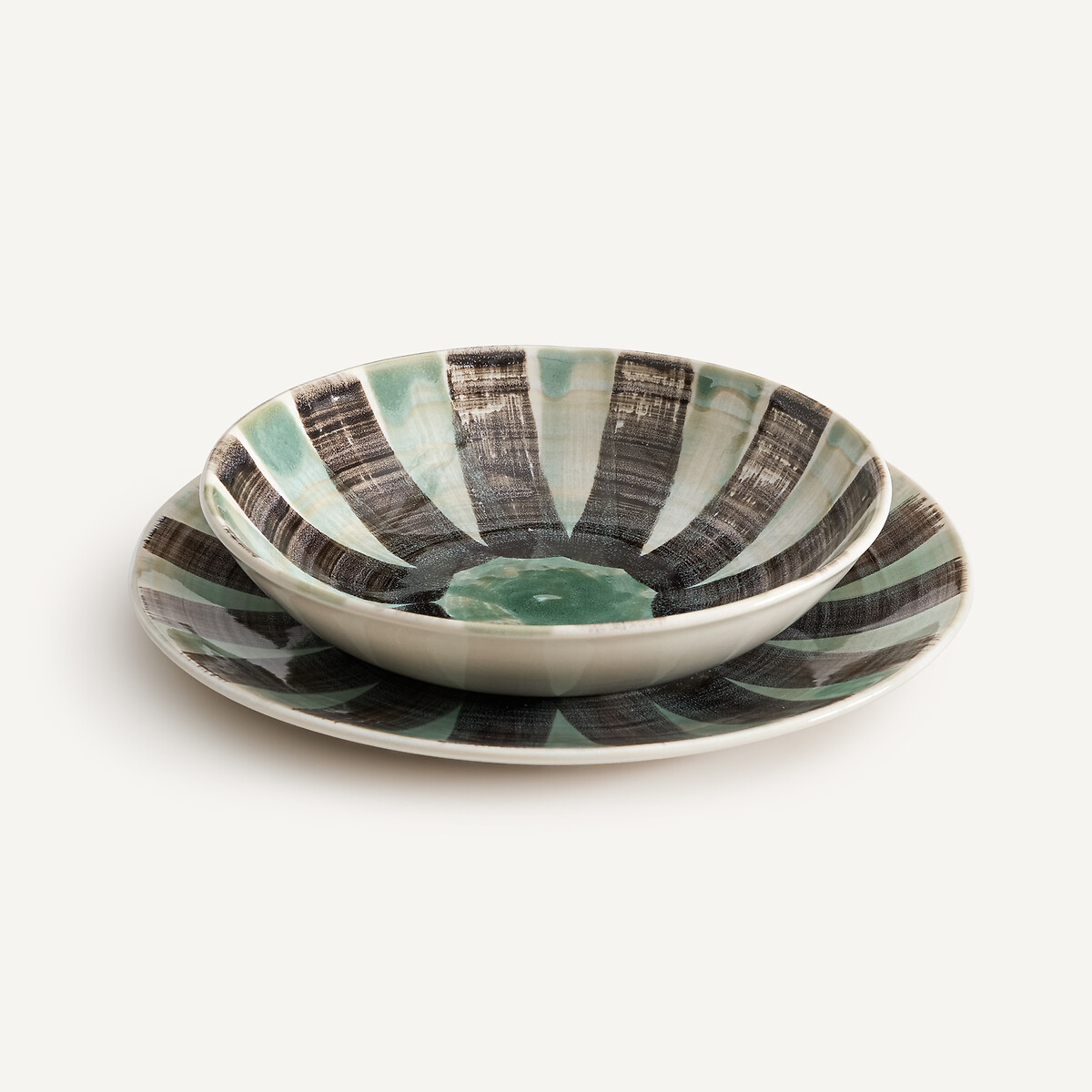 Lot de 4 assiettes creuses en grès rayé, VIANA vert de gris/noir, AM.PM
