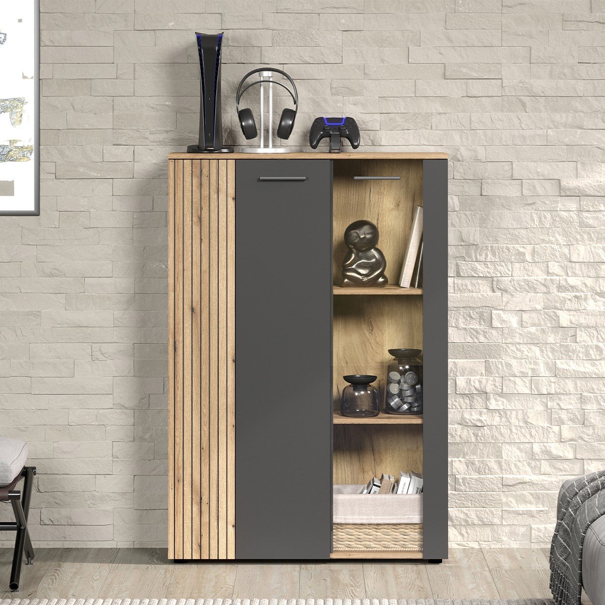 Rangement vitré 2 portes dont une avec verre trempé L90cm - Esteban gris anthracite, CALICOSY