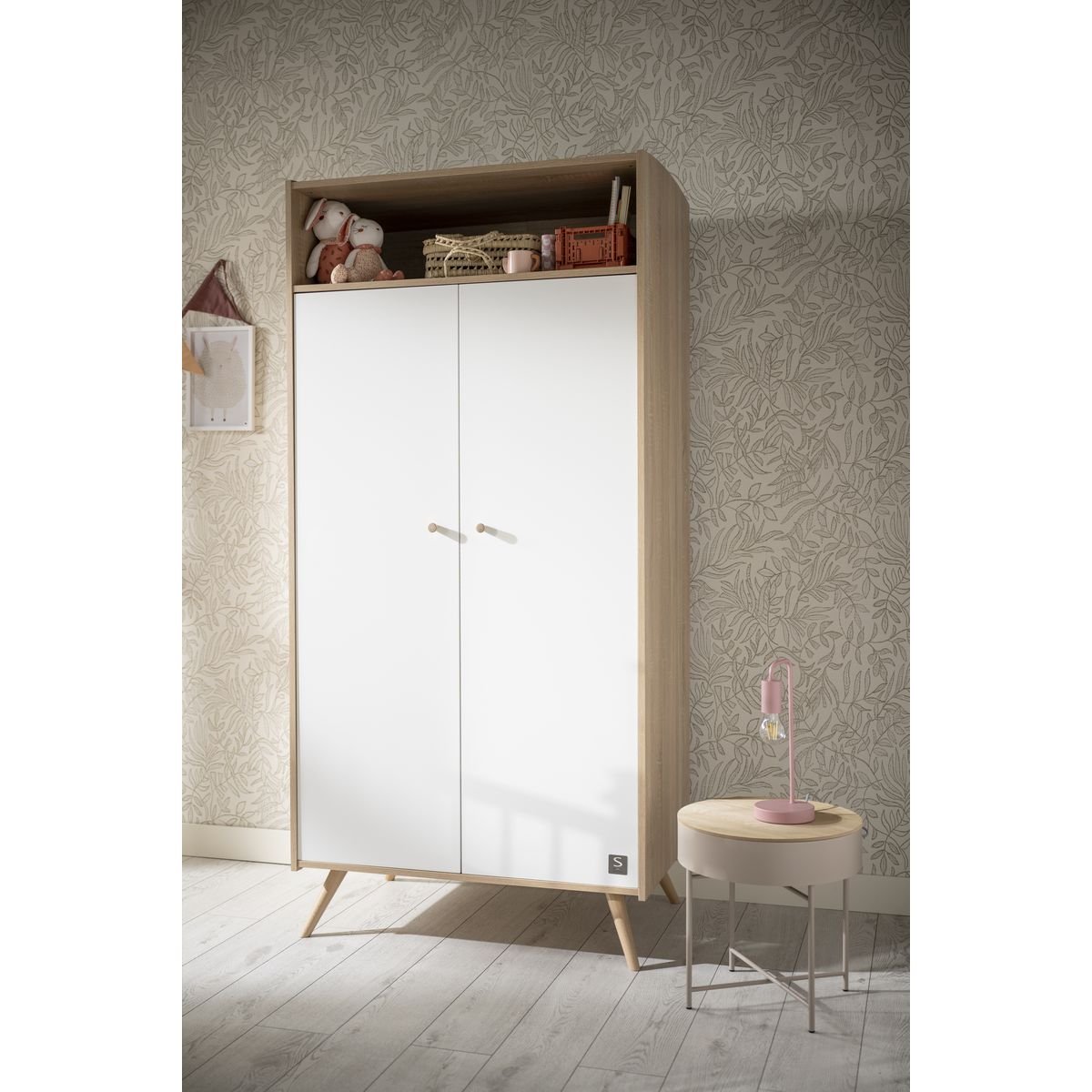 Chambre bébé trio: Lit bébé 70x140 évolutif, commode à langer 3 tiroirs et armoire 2 portes décor bois chêne et blanc blanc/marron, SAUTHON