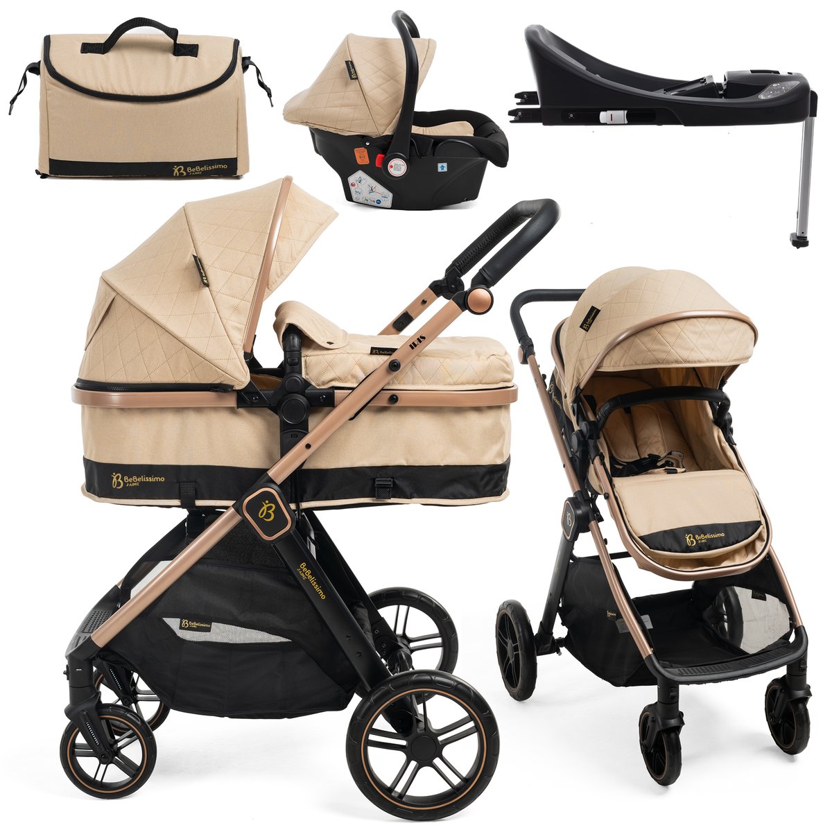 Poussette combinée trio 3 en 1 - siège auto 0+ IRIS – nacelle – base Isofix - jambe de force – jusqu’à 22kg - beige couleur unique, BEBELISSIMO J'AIME