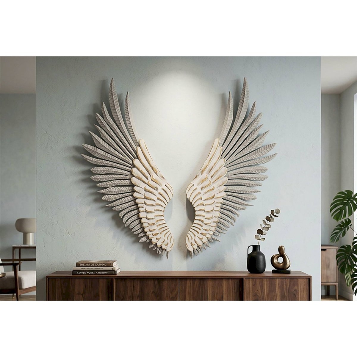 Décoration murale ailes en relief lot de 2 MODERN blanc patiné, RECOLLECTION