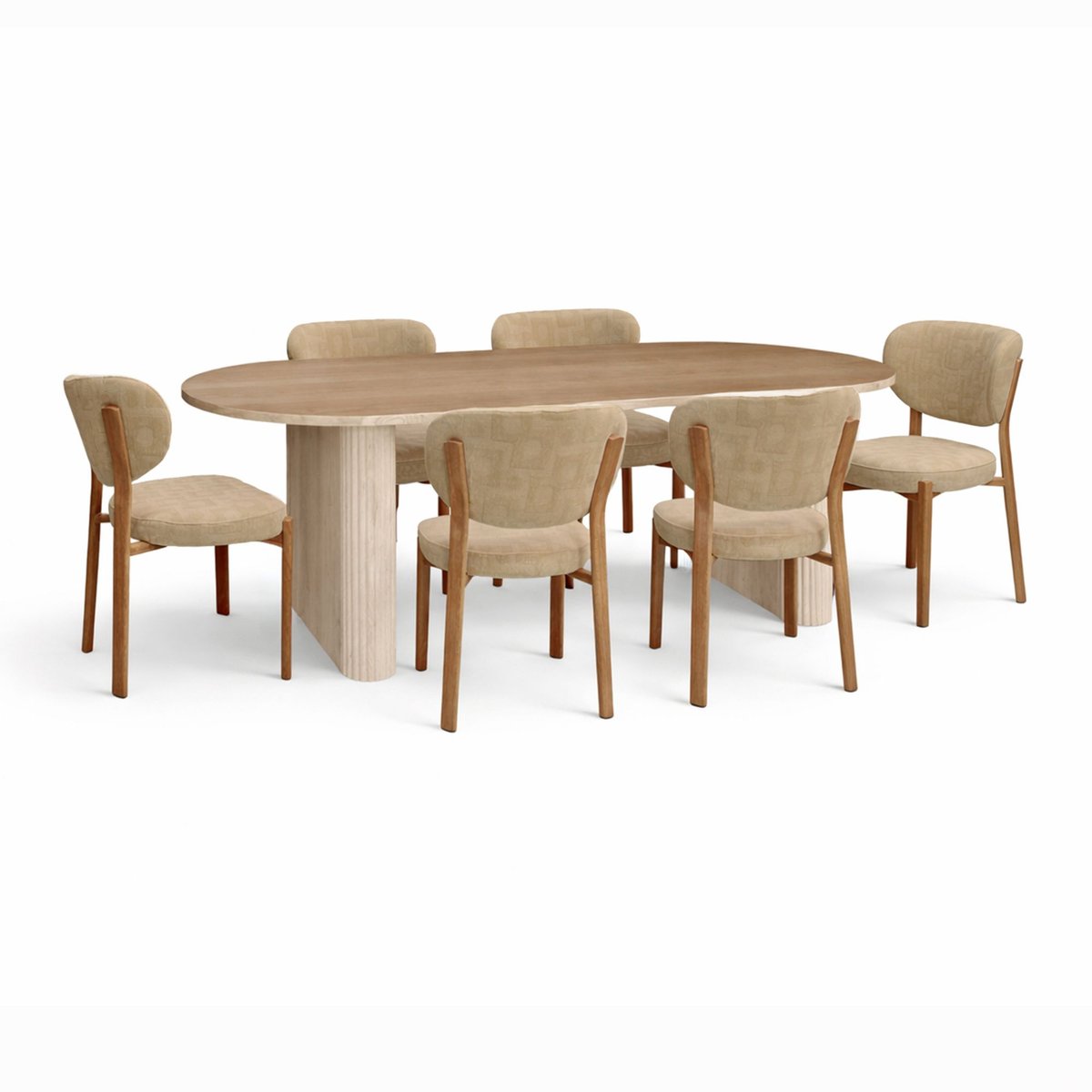 Table ovale effet bois 220cm + 6 chaises en tissu naturel / beige, NOW'S HOME