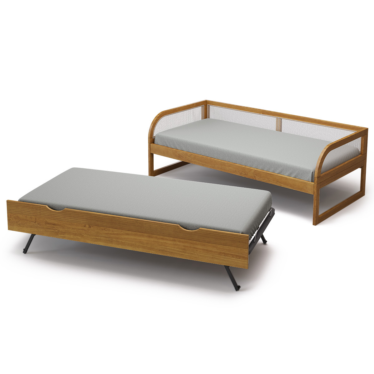 Pack lit enfant gigogne avec matelas Bois massif  LAYA noisette, AKITEN RETAIL