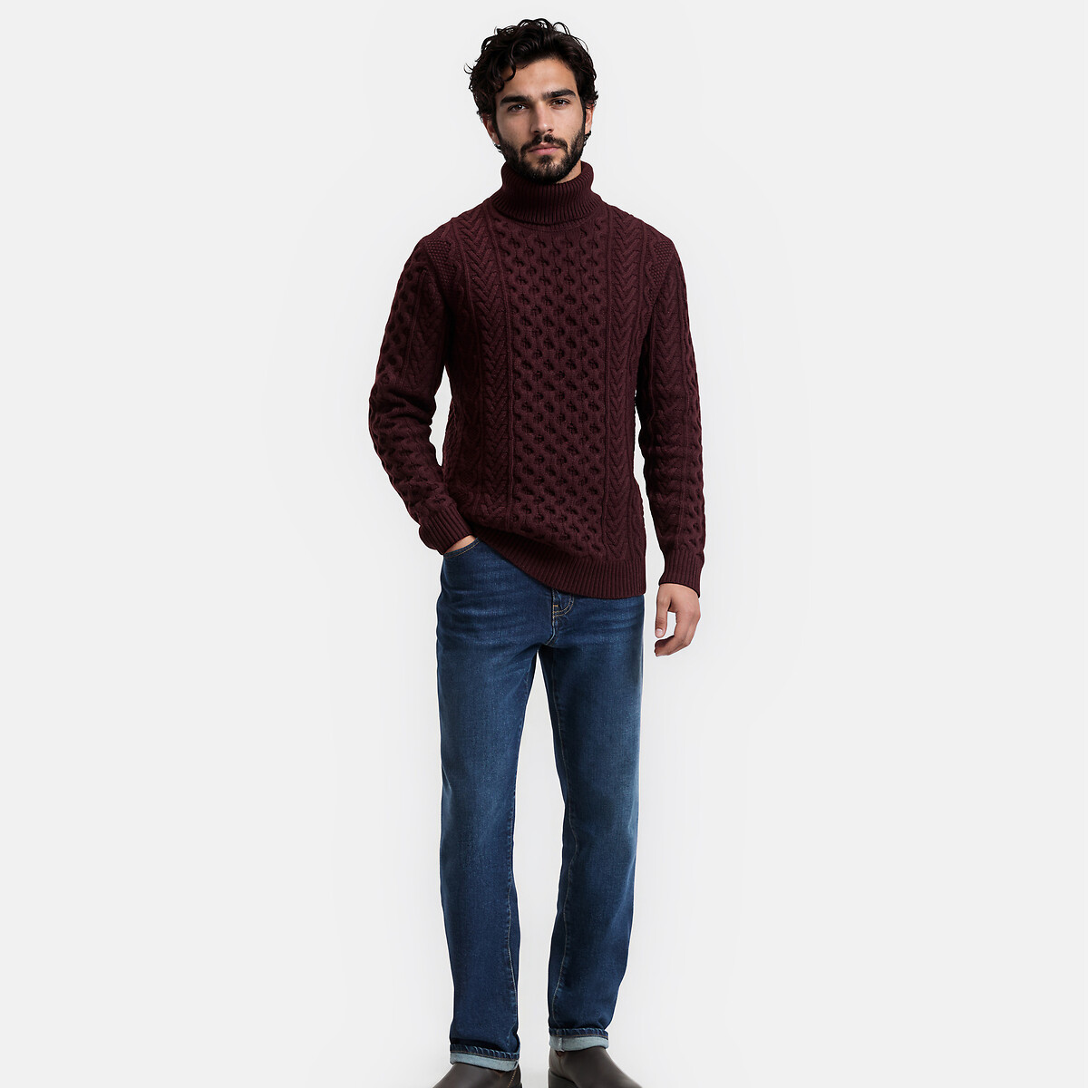 Jersey de cuello vuelto de punto trenzado, Signature GAUTHIER burdeos jaspeado, LA REDOUTE COLLECTIONS