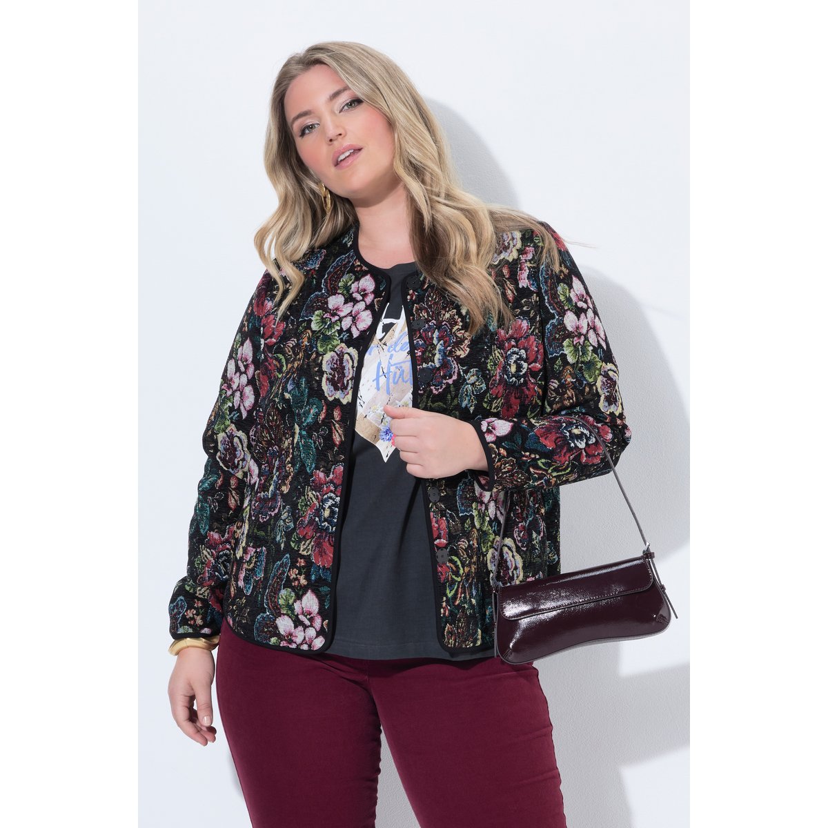 Veste motif Jacquard à fleurs, passepoil noir, ULLA POPKEN