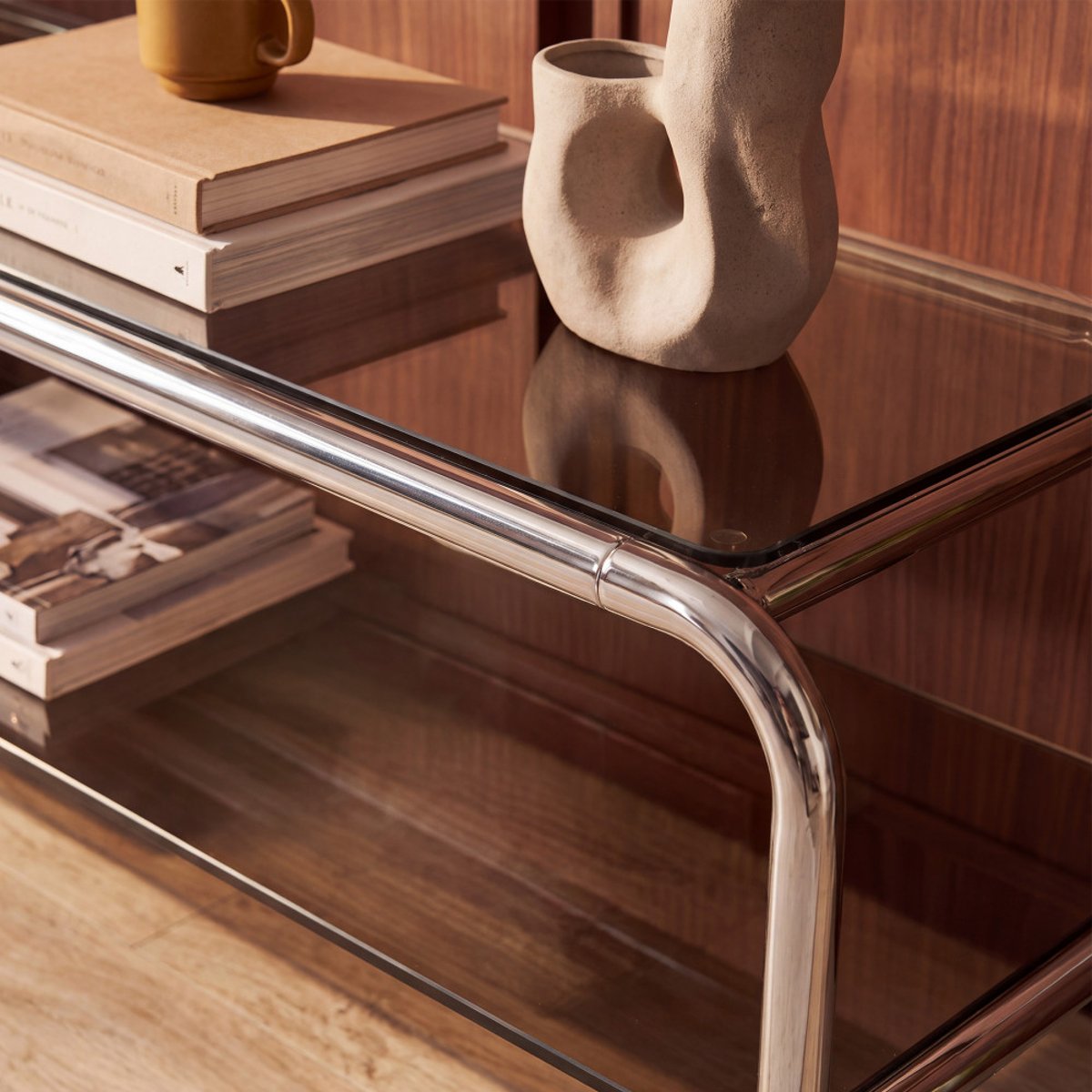 Meuble TV en verre et pieds chrome L 160 cm- DELIO verre ambré, DRAWER