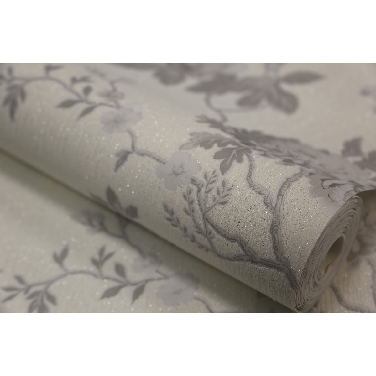 Papier peint Fleurs scintillantes et oiseaux exotiques blanc gris, BOUTIQUE