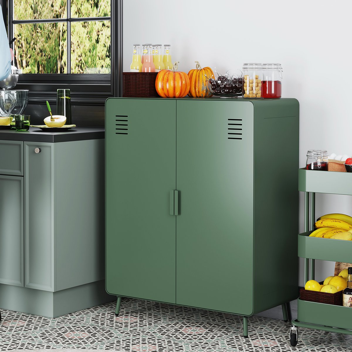 Buffet Haut avec 2 portes et 3 couches en métal industriel, WALNUTKITCHEN vert foncé, MEUBLES COSY