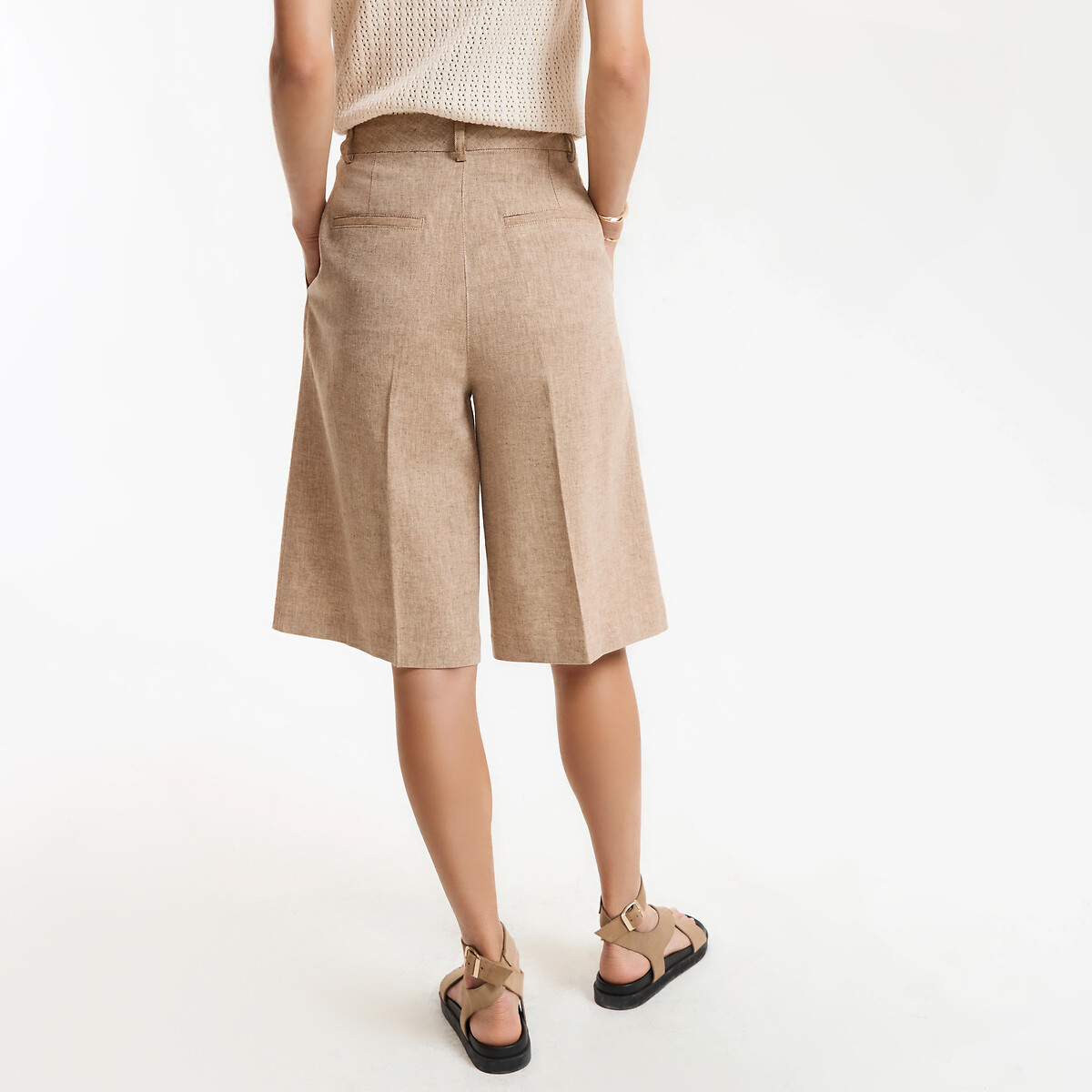 Bermudas de lino y algodón con pinzas camel, LA REDOUTE COLLECTIONS