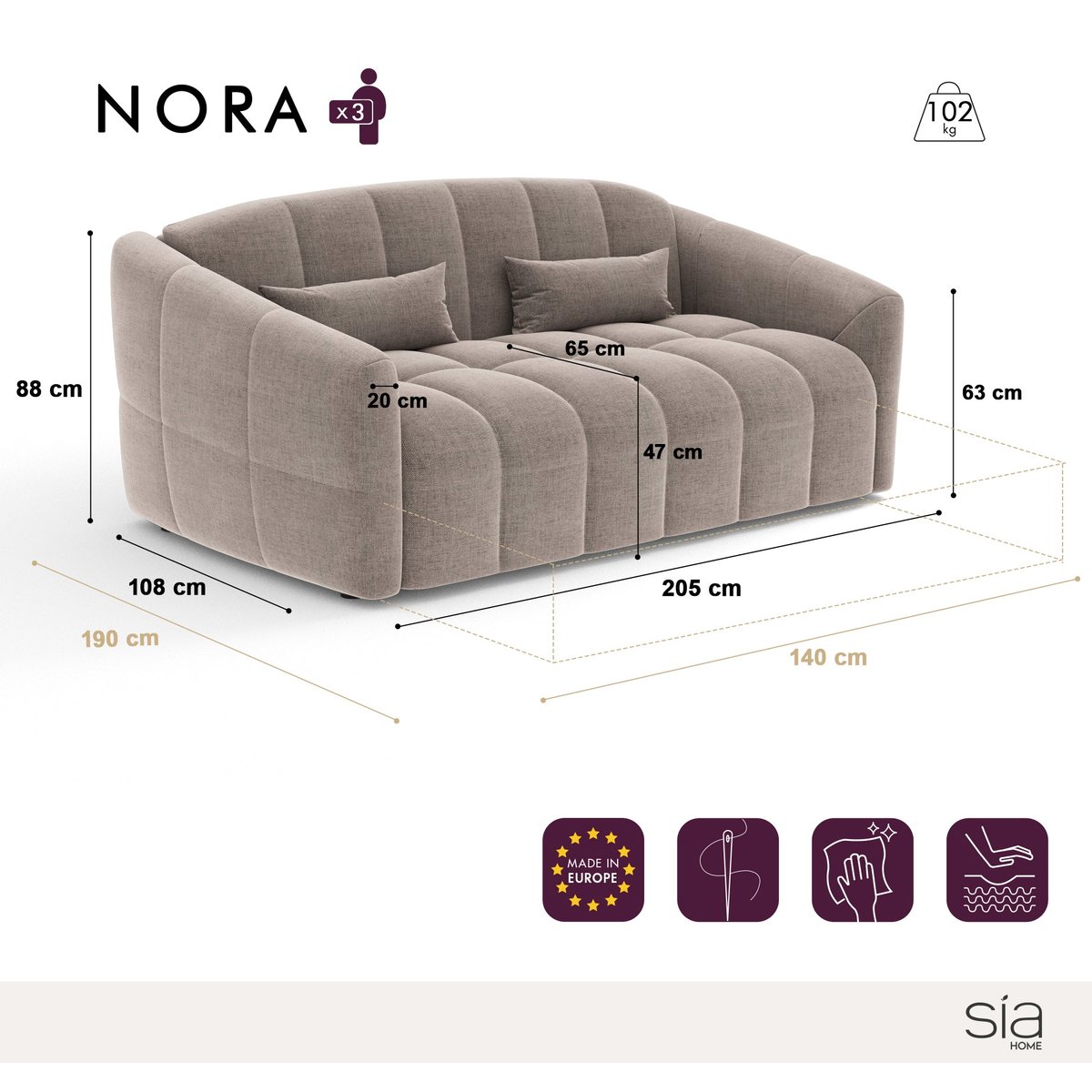 Canapé convertible express 140cm 3 places en velours NORA taupe, SIA HOME