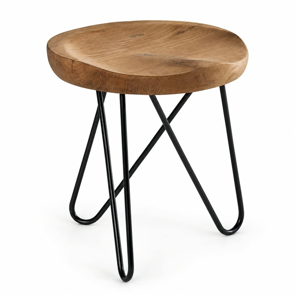 Tabouret en teck massif avec 3 pieds en épingle métal noir D40xH43cm TOWN bois naturel, PIER IMPORT