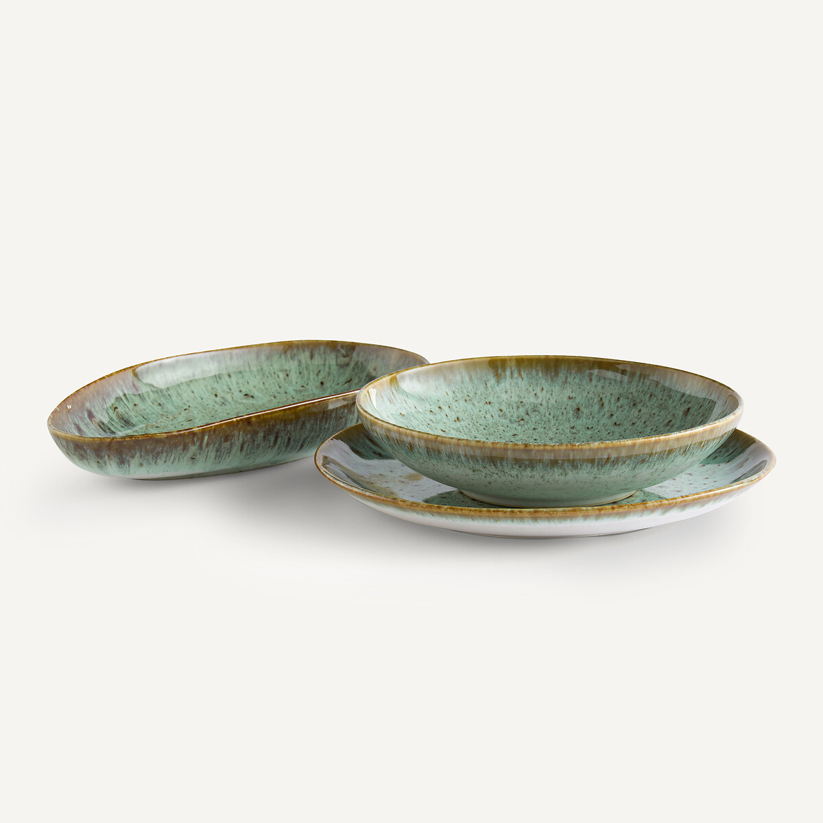 Lot de 4 assiettes plates grès émaillé, Fara kaki/bleu, AM.PM