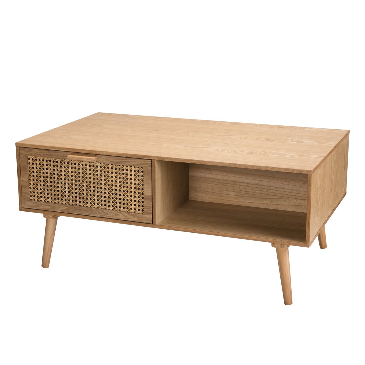 Table basse 100x60cm en bois et tiroir cannage en rotin style vintage PALMA bois naturel, PIER IMPORT