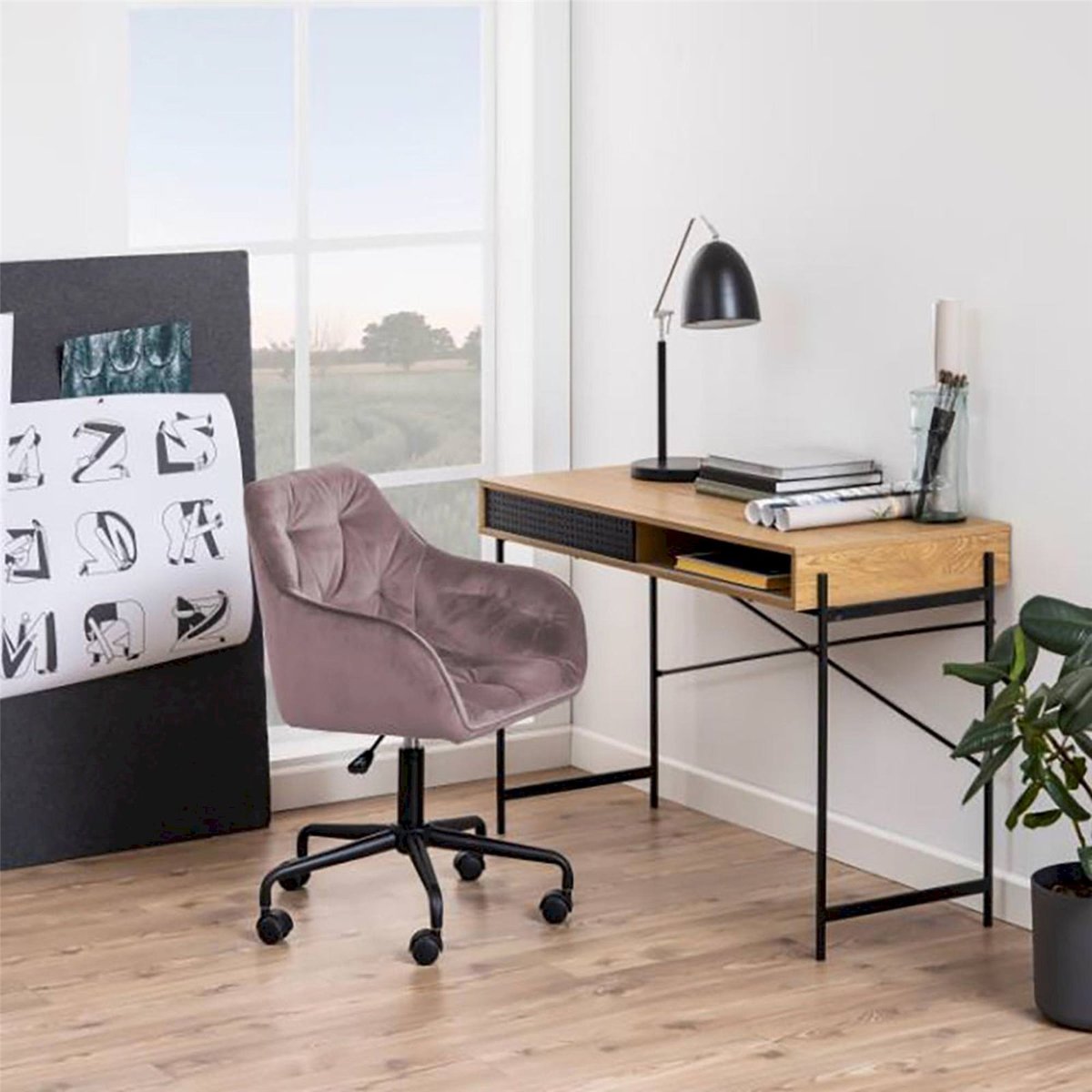 Fauteuil de bureau velours capitonné DIANERCO rose poudré, RECOLLECTION