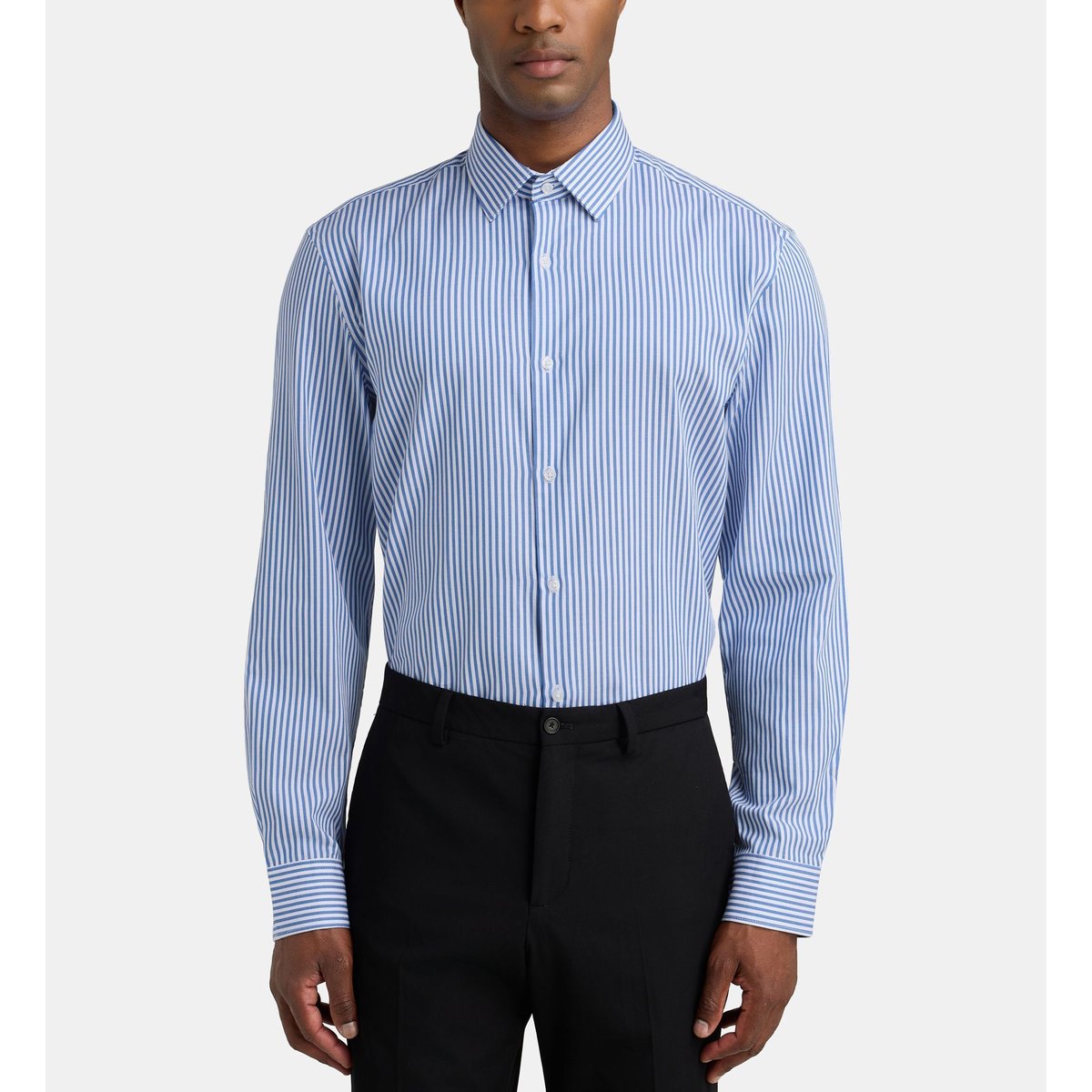 Chemise droite hsrten rayures sans repassage coton bio bleu, GALERIES LAFAYETTE