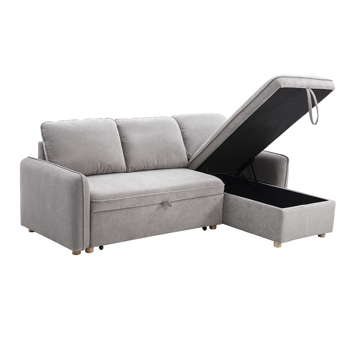 Canapé d'angle convertible réversible avec coffre 3 places en tissu chenille et bois clair ORSO gris, MILIBOO