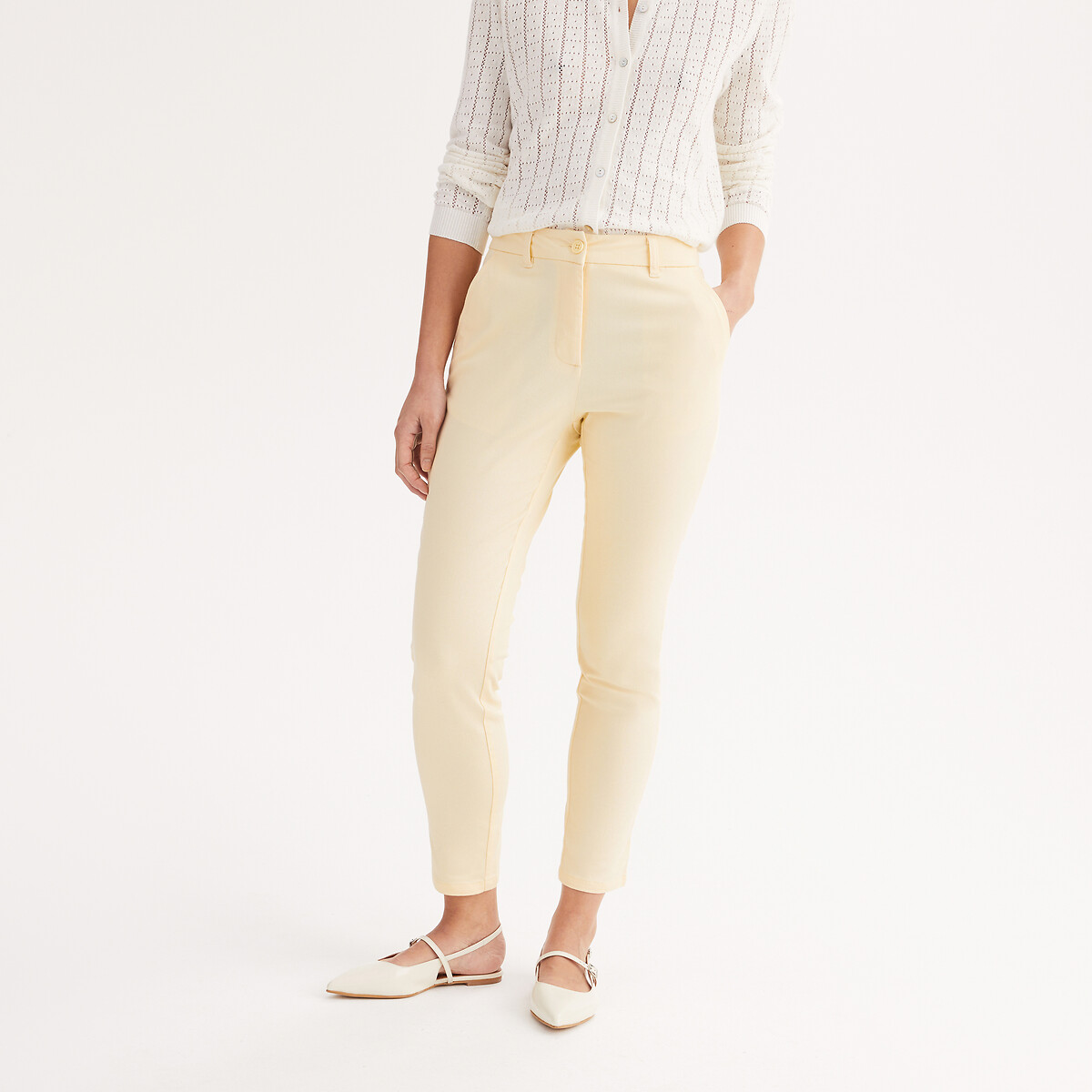 Pantalon droit chino, sergé stretch jaune pâle, ANNE WEYBURN