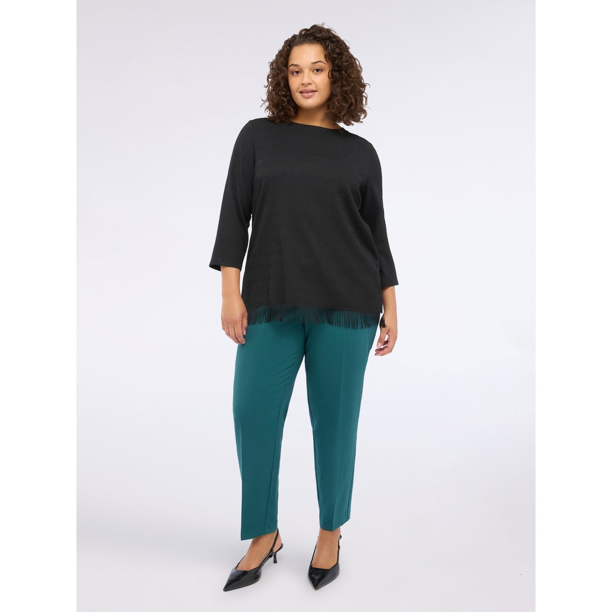 T-shirt en jersey avec strass et franges noir, FIORELLA RUBINO