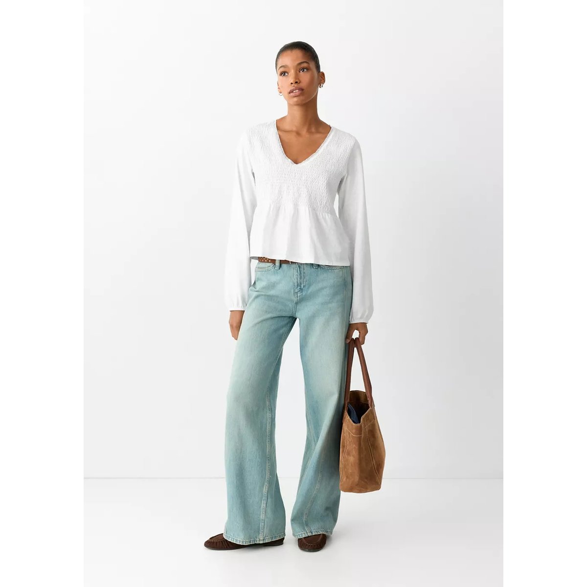T-shirt col V froncé blanc cassé, MANGO TEEN