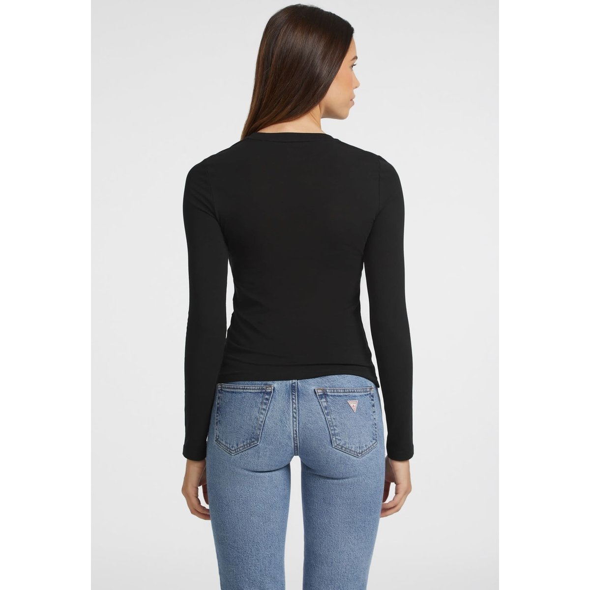 T-Shirt Slim Manches Longues Brodé noir, GUESS
