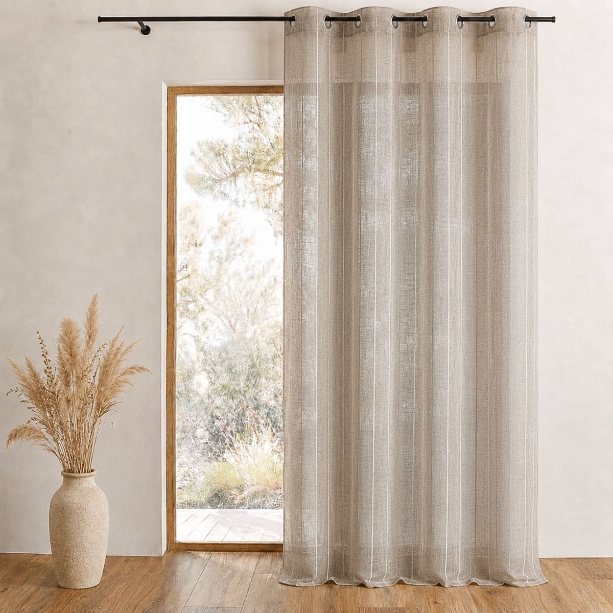 Voilage tissé à rayures verticales fines taupe, HOME MAISON