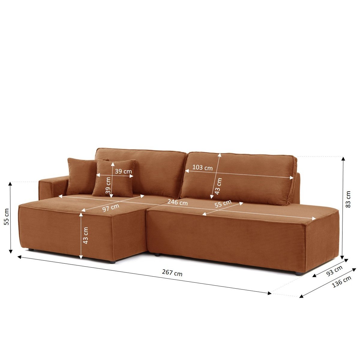 Canapé d'angle gauche convertible velours ZOLA terracotta, BAÏTA