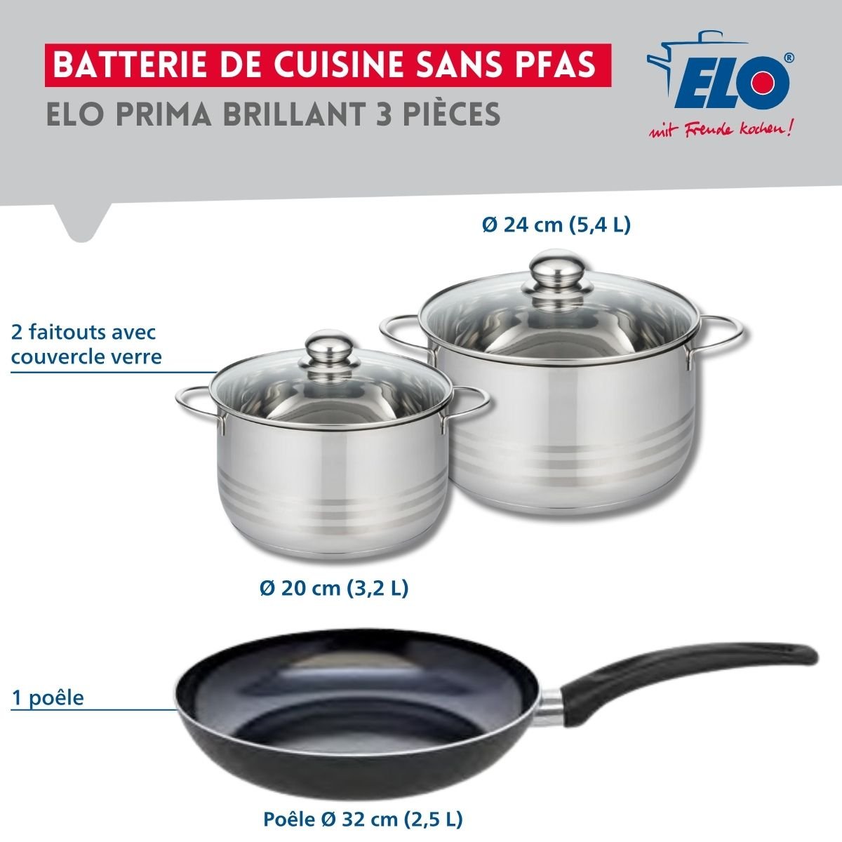 Batterie 1 poêle 32cm + 2 faitouts 20/24cm PRIMA BRILLANT noir, ELO