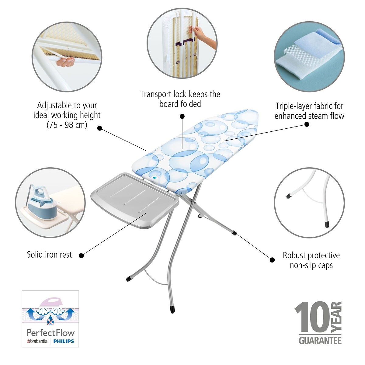 Ironing Board C, 124x45cm with Solid Steam Unit Holder, Perfect Flow blue/white, BRABANTIA