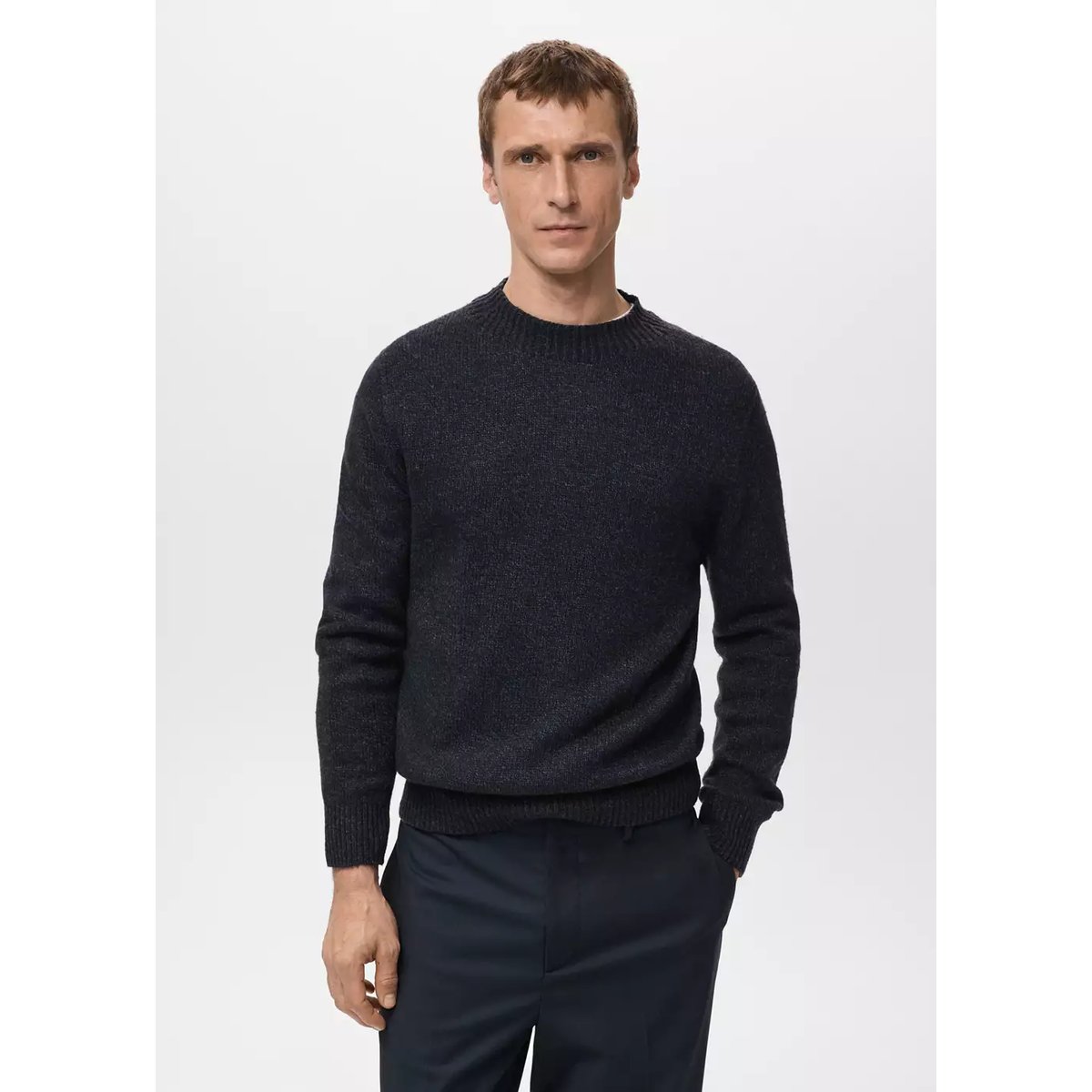 Pull col côtelé en laine mélangée bleu marine, MANGO MAN