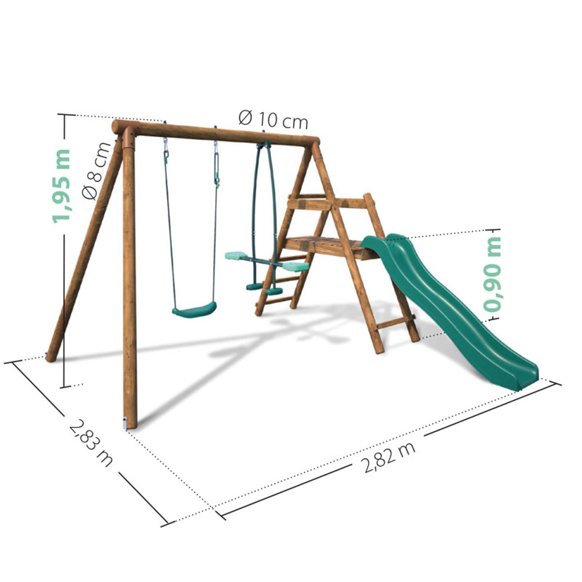 Portique en bois rond 2 agrès et toboggan bas MENTHE marron, SOULET