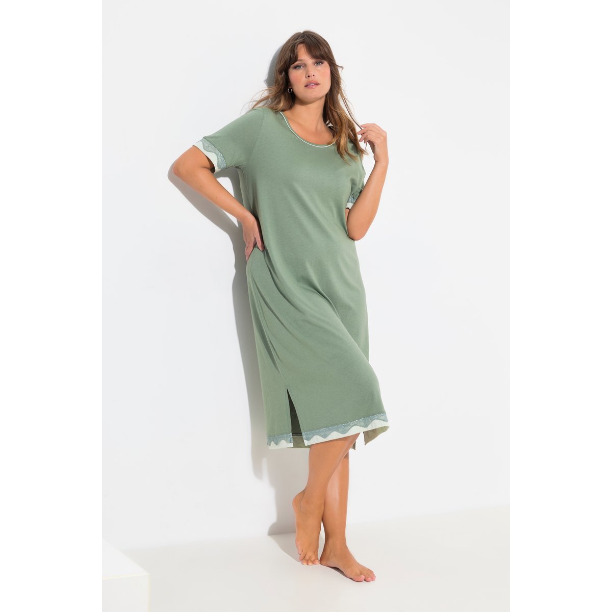 Chemise de nuit décolleté rond et manches kaki, ULLA POPKEN